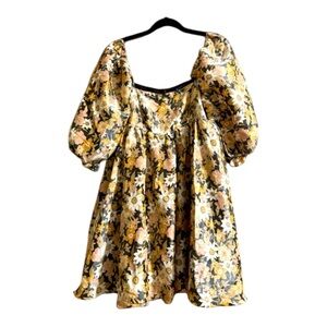 Storia Floral Puff Sleeve Mini Dress Yellow Black Daisy Print Cottagecore S